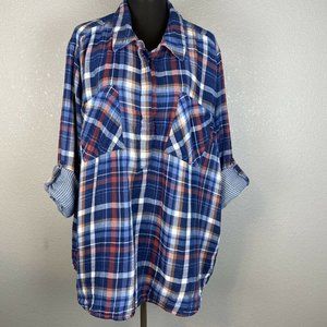 Lane Bryant Plaid Flannel Popover Top 26 28 Plus Long Tab Sleeve Button Lined